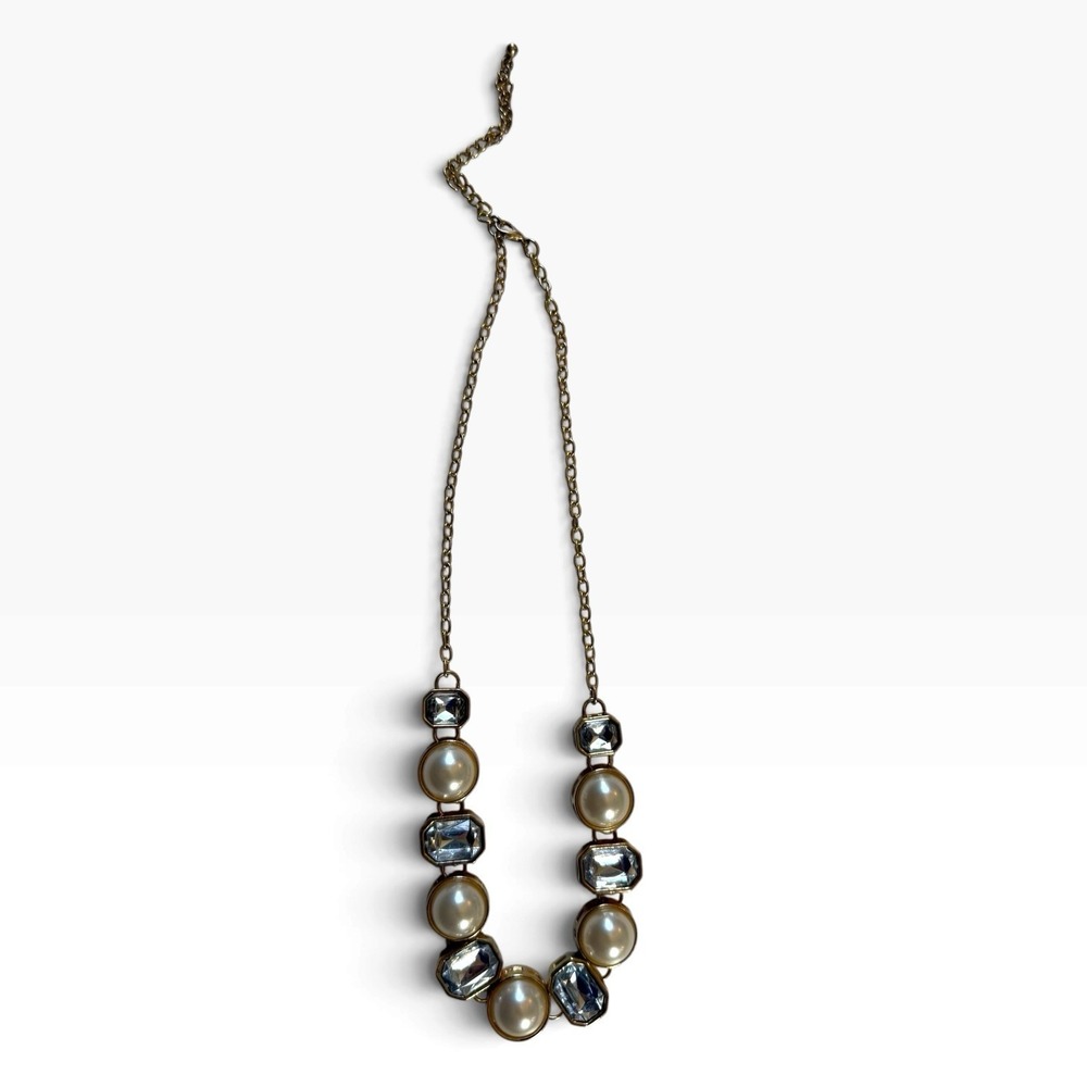 Gold Tone Chain Statement Necklace, Faux Pearls & Glass